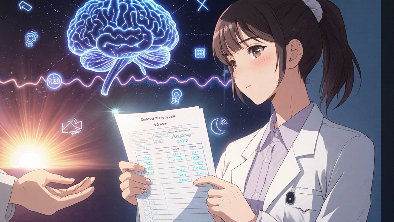 Woman in clinic holding symptom log, holographic brain stabilizing, doctor reaching out with calm assurance.