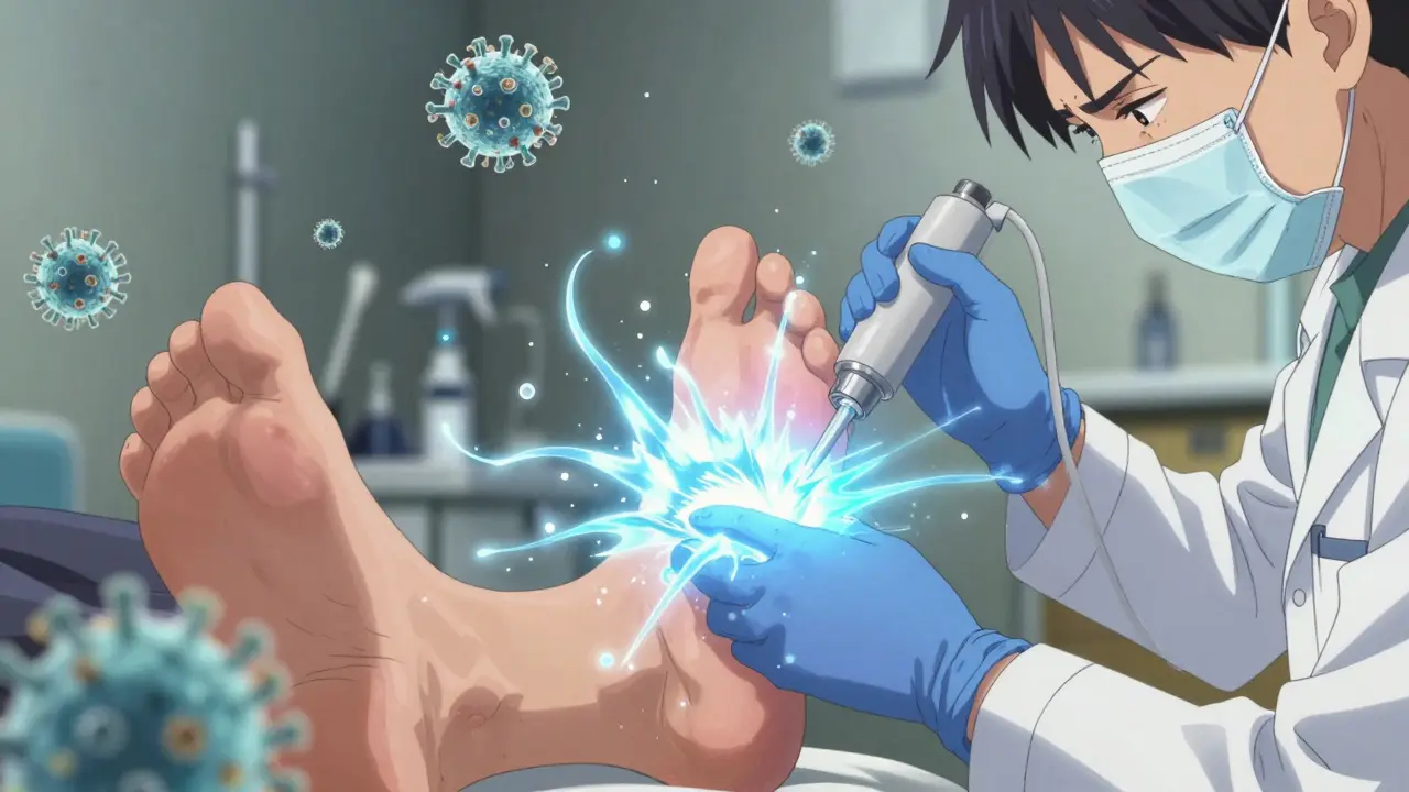 A dermatologist freezing a plantar wart with liquid nitrogen, icy energy swirling.