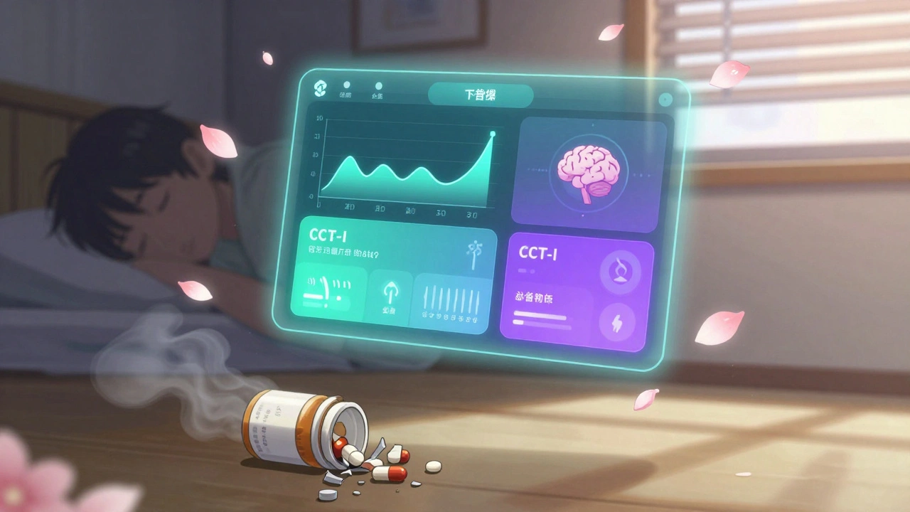 A glowing CBT-I app interface above a sleeping person, with shattered pill bottles below as dawn breaks.