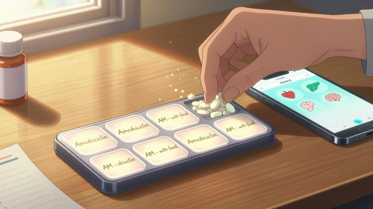 A hand organizing pills in a labeled weekly box with a glowing smartphone app nearby.