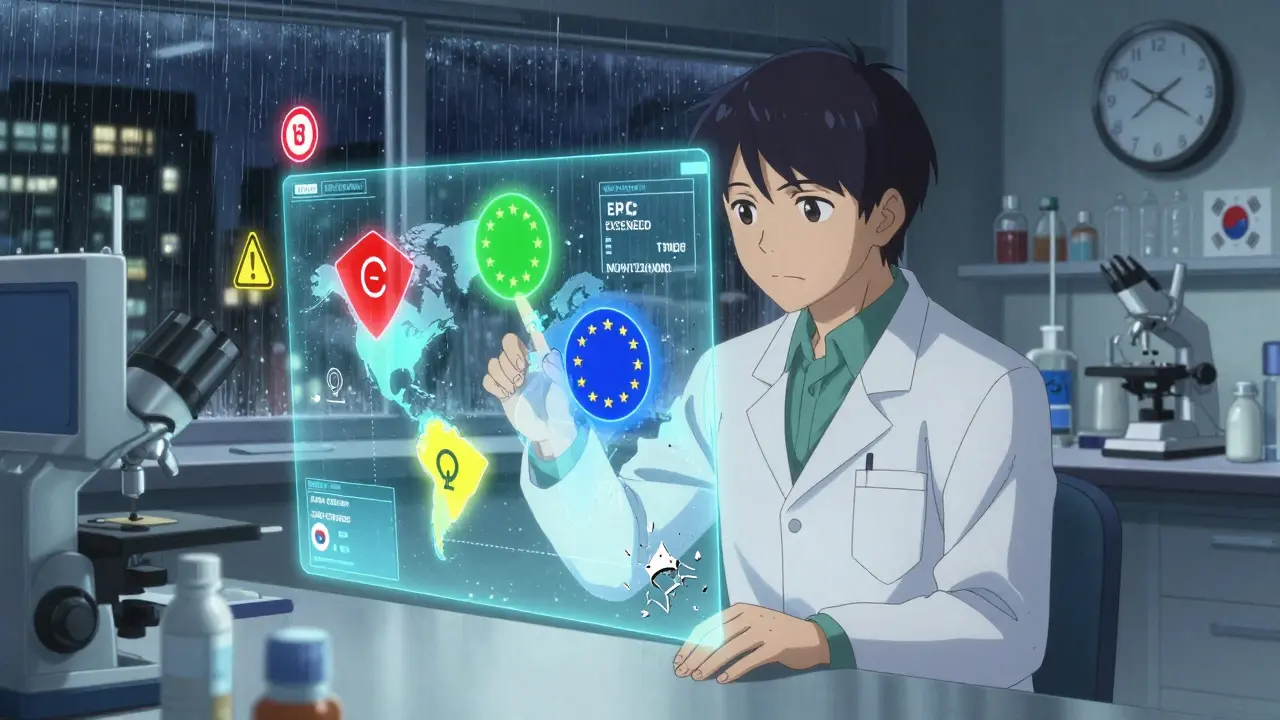 A holographic patent web with color-coded country protection statuses in a high-tech lab.