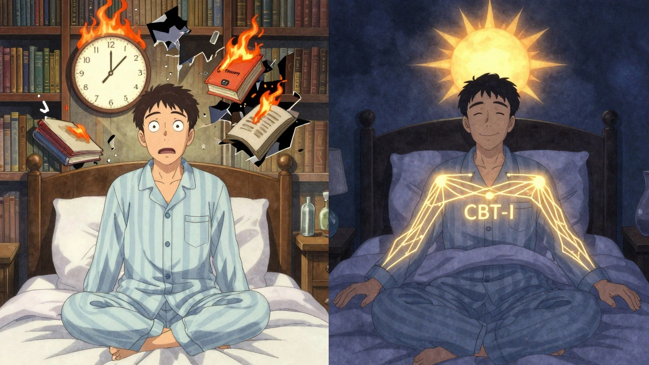A man torn between anxiety and peace, visualized as a burning mind versus a calm bedroom with golden guidance threads.