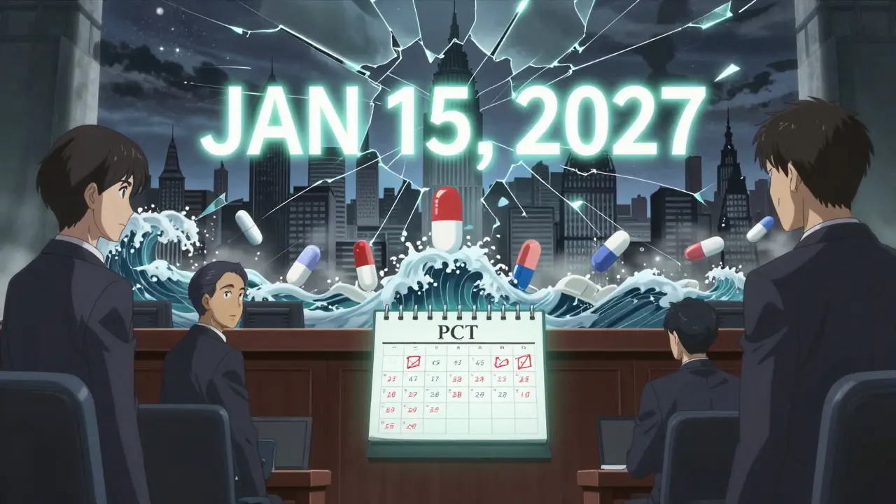 A patent expiration date shattering over a European city as generic drugs surge forward.