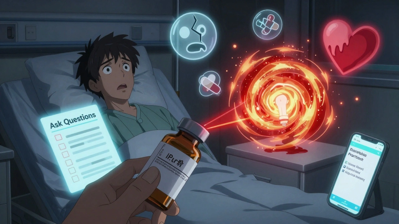 A patient alarmed by glowing warning symbols from an expired medicine bottle at night.