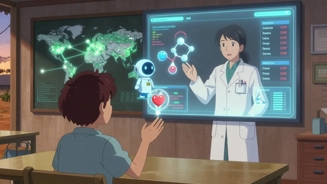 A patient in a remote area receives a virtual medication review from a holographic pharmacist.