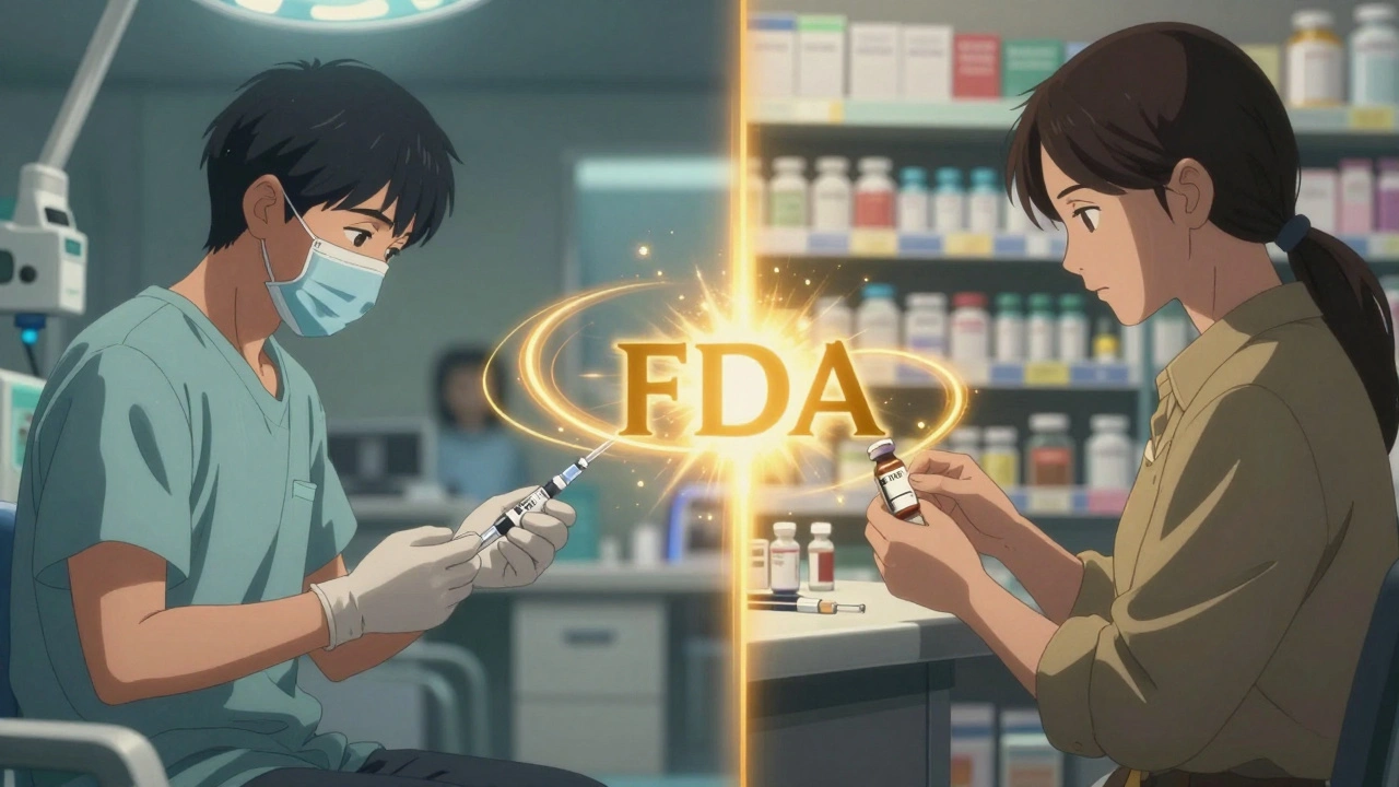 A patient receiving biologic and interchangeable biosimilar injections side by side with golden FDA approval barrier.