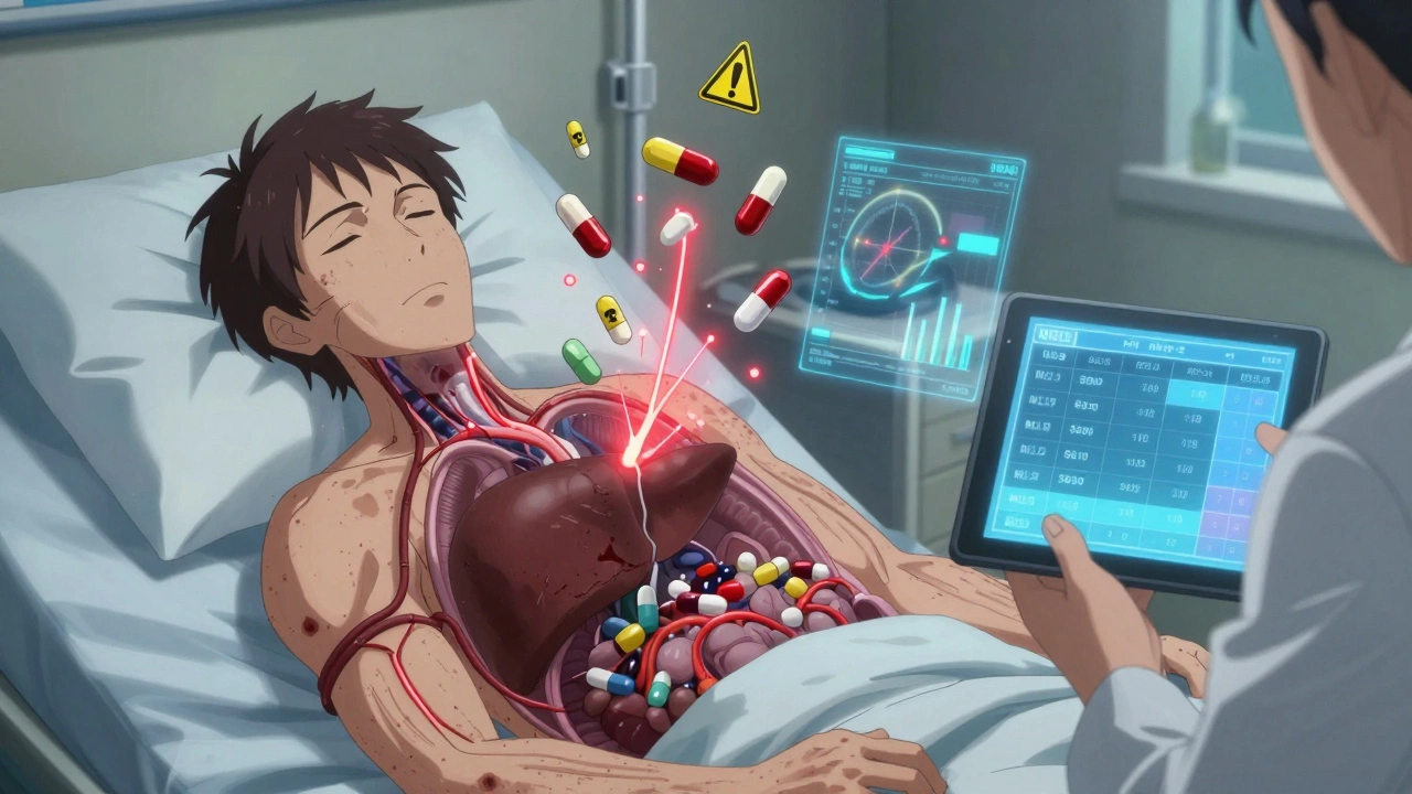 A patient with translucent body showing spiked drug levels in blood vessels, surrounded by warning symbols and medical scores.