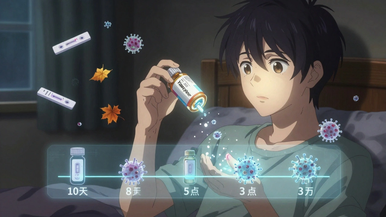 A person holding antiviral medication as viral particles dissolve into light around them in a moonlit room.