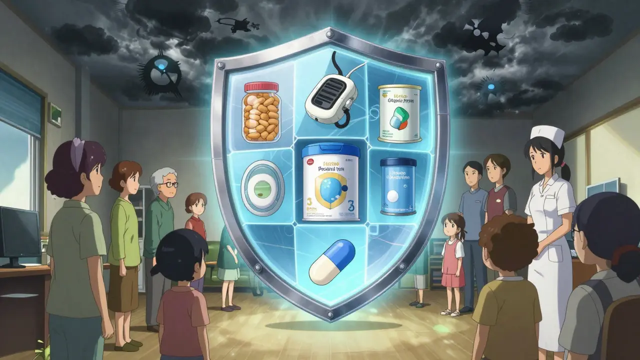 A protective shield of FDA alerts shields diverse individuals from hidden health hazards in the background.