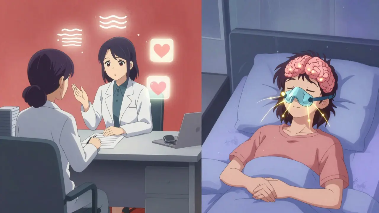 A psychologist guides a patient through CBT-I while CPAP light connects to their brain, symbolizing combined sleep therapy.