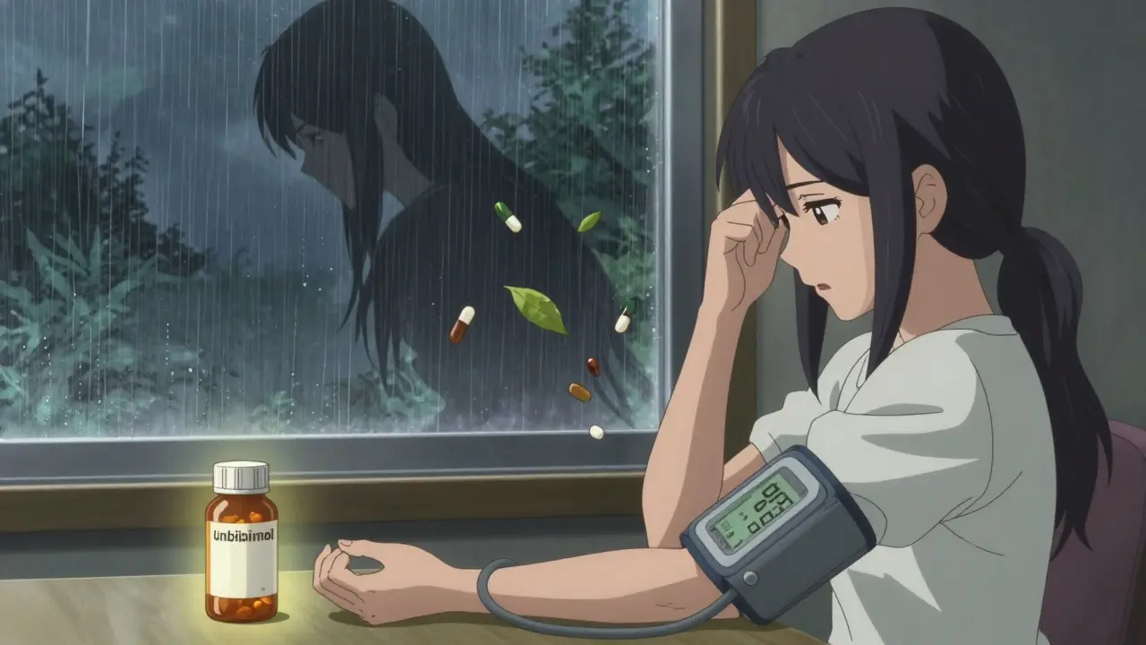 A woman checking her blood pressure at home, reading dangerously low, with a glowing supplement bottle nearby.