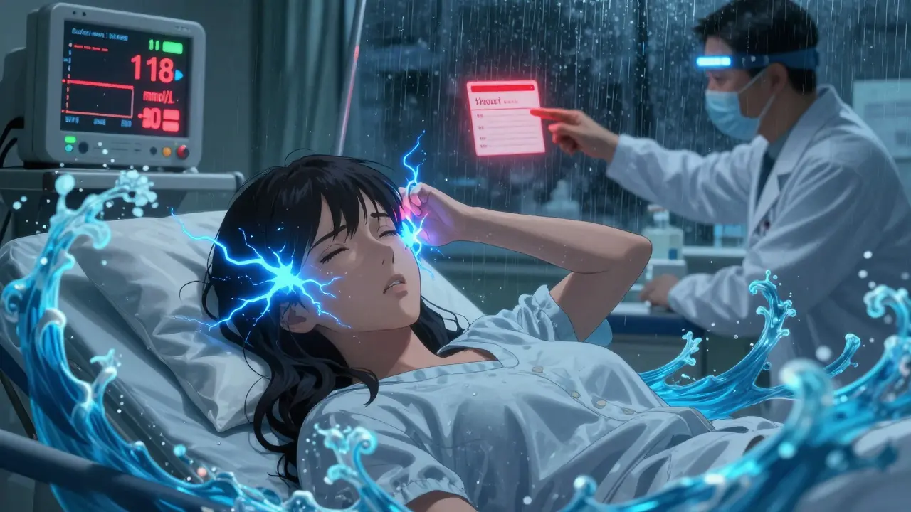 A woman having a seizure on a hospital gurney, surrounded by swirling blue fluids and flickering medical monitors.