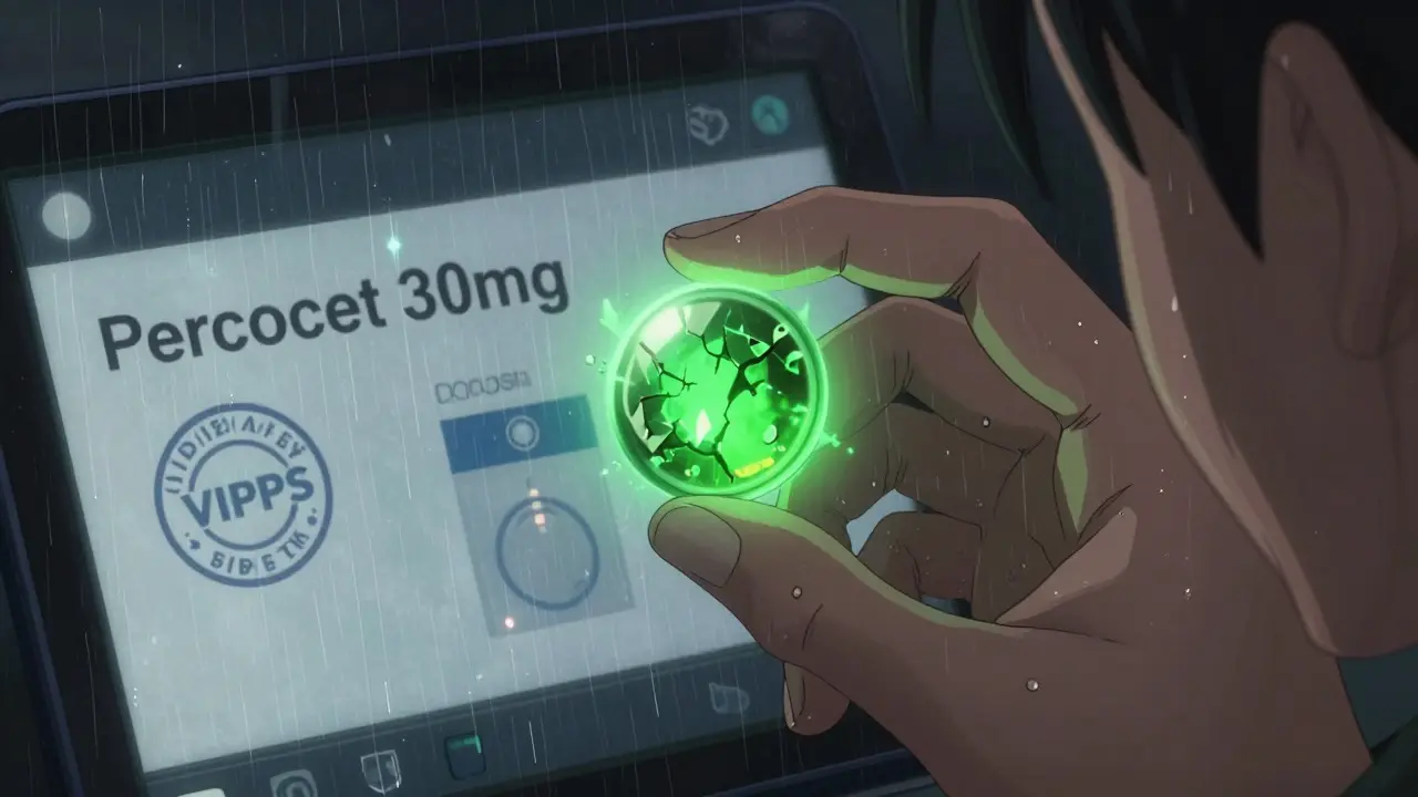 A young adult holding a counterfeit pill that reveals fentanyl inside, with a fake online pharmacy ad glowing behind them in a rainy cityscape.