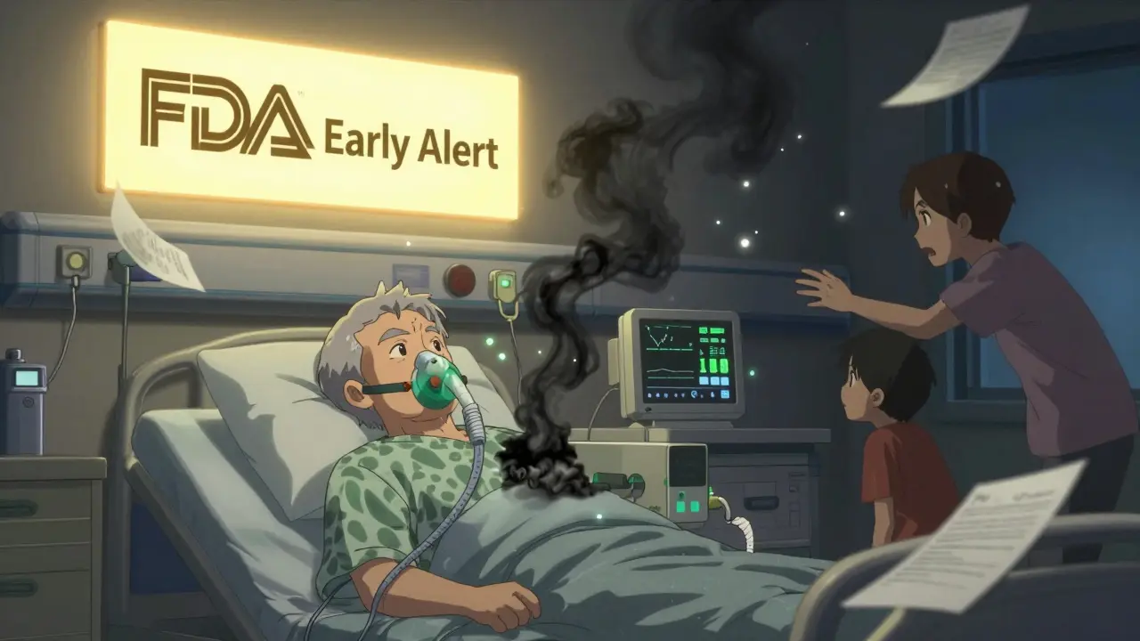 An elderly patient's CPAP machine malfunctions as a glowing FDA alert shines over the bed at night.