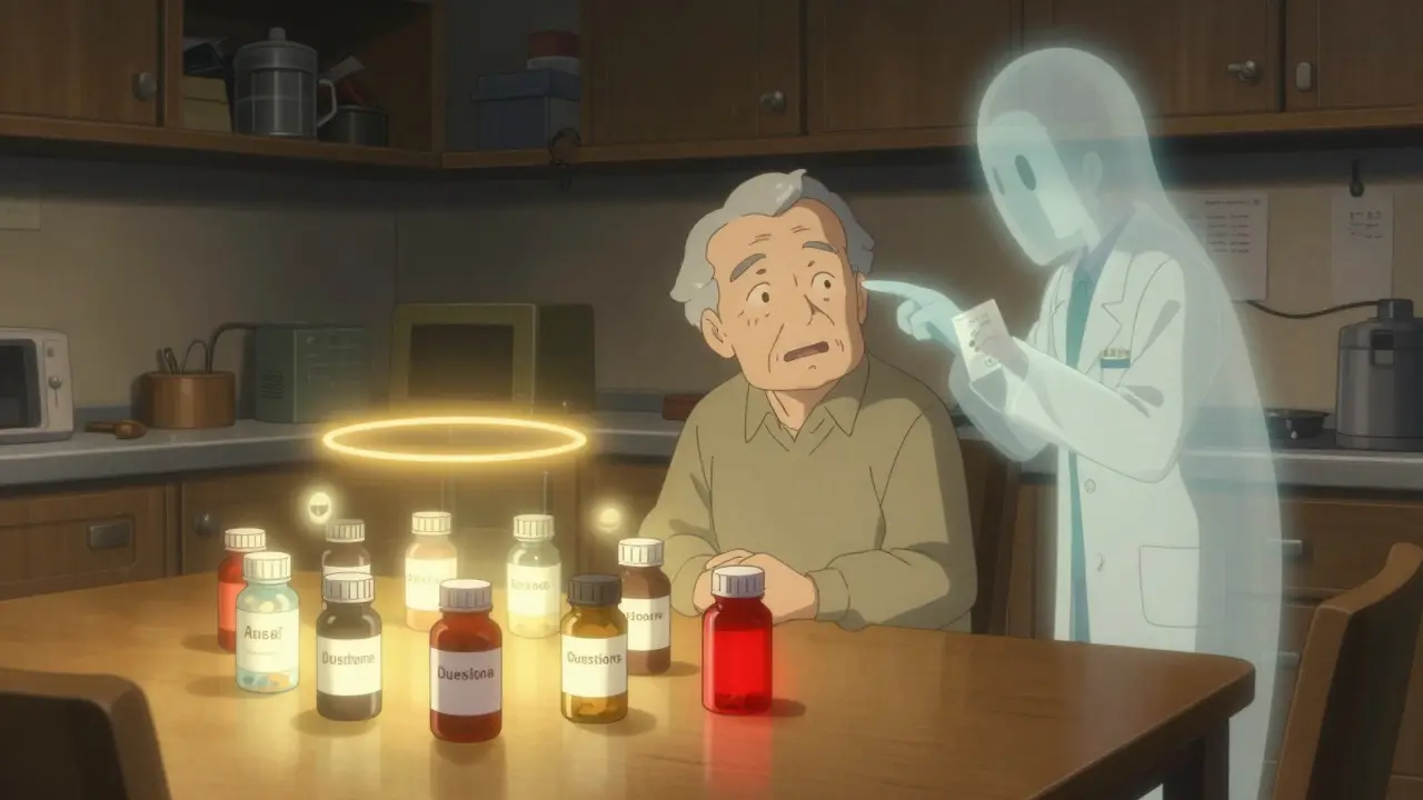 An elderly person at a kitchen table surrounded by floating labeled pills and a pharmacist’s ghostly checklist, golden light highlighting safe medication practices.