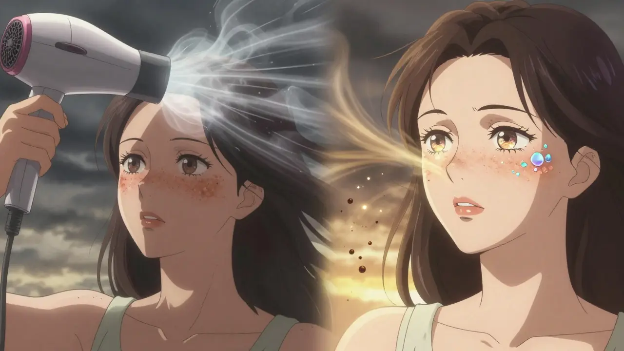 Before-and-after split of melasma treatment: dark patches fading into radiant skin with sunscreen and serum glow.