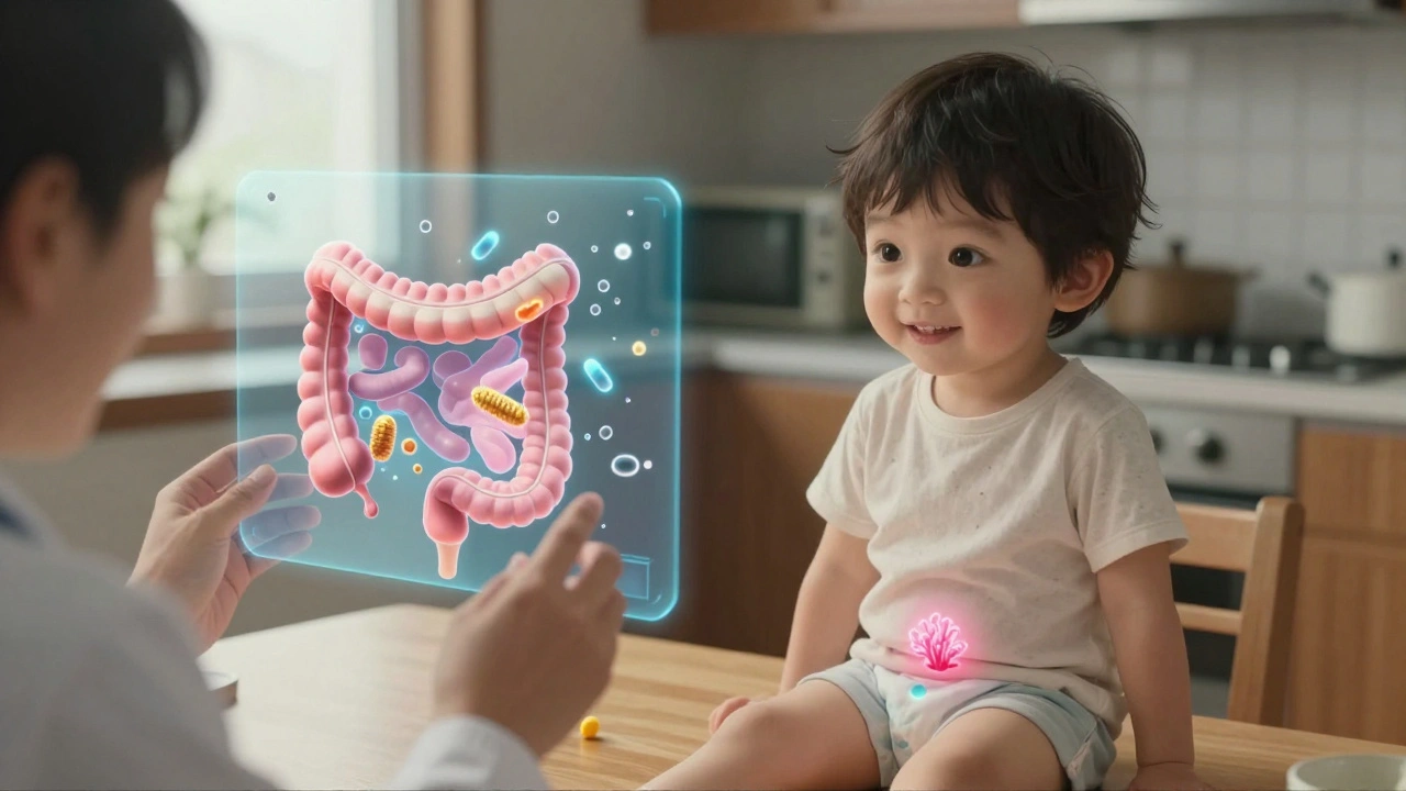 Child and doctor viewing a holographic gut model with antibiotics affecting beneficial bacteria.