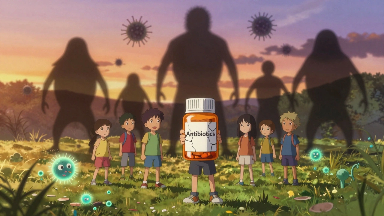 Children playing in park as shadowy resistant bacteria rise from the ground.