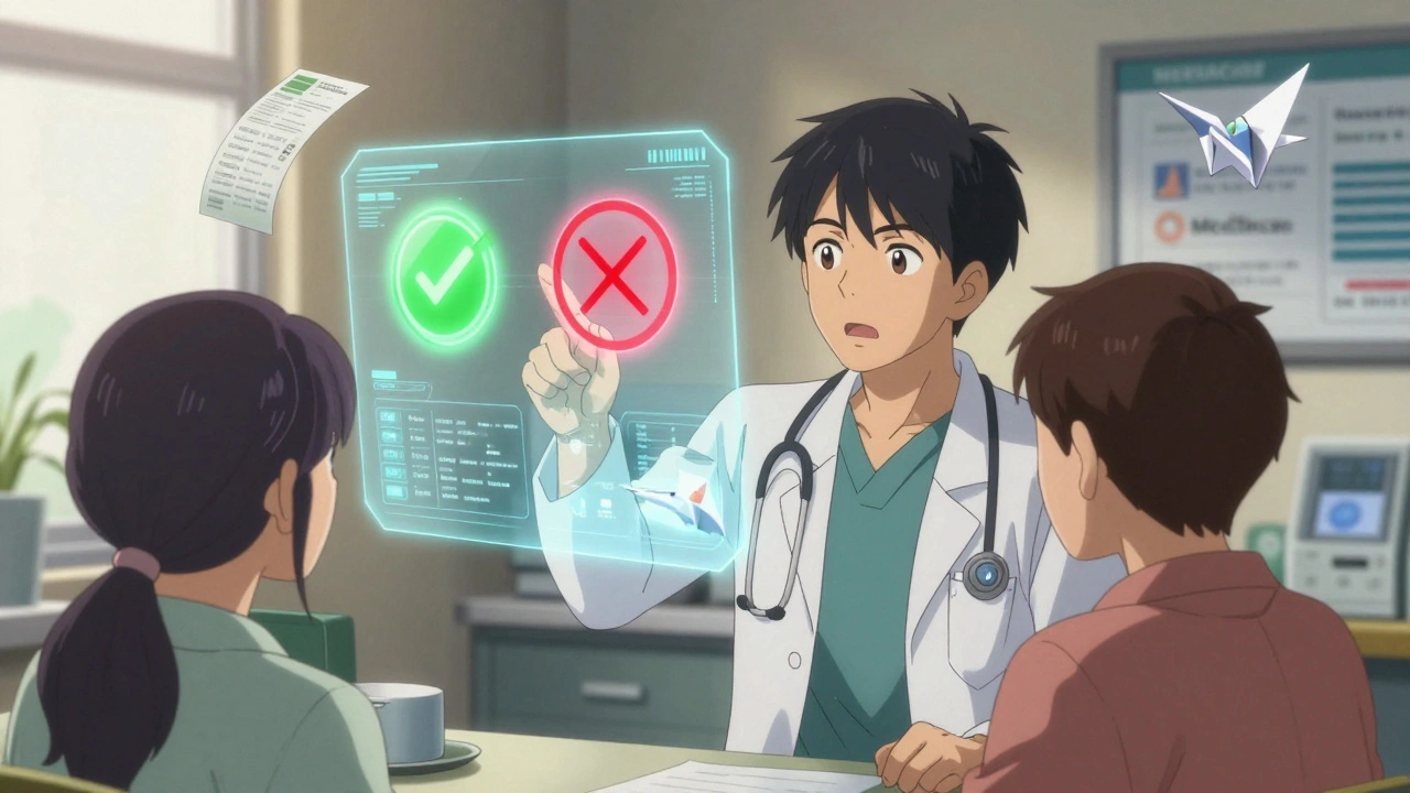 Doctor and patient reviewing a holographic formulary chart with generic and brand-name drug icons.
