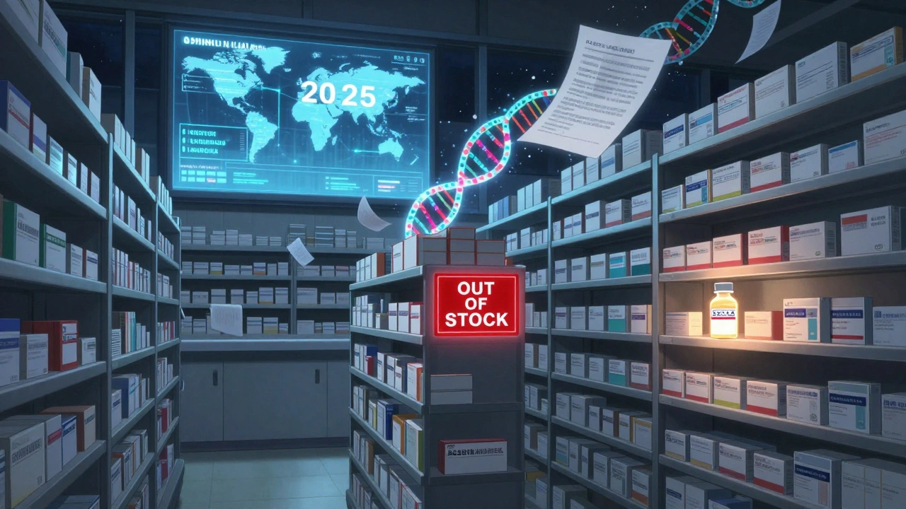 Empty generic drug shelf in hospital pharmacy with one glowing brand-name vial on backup storage.