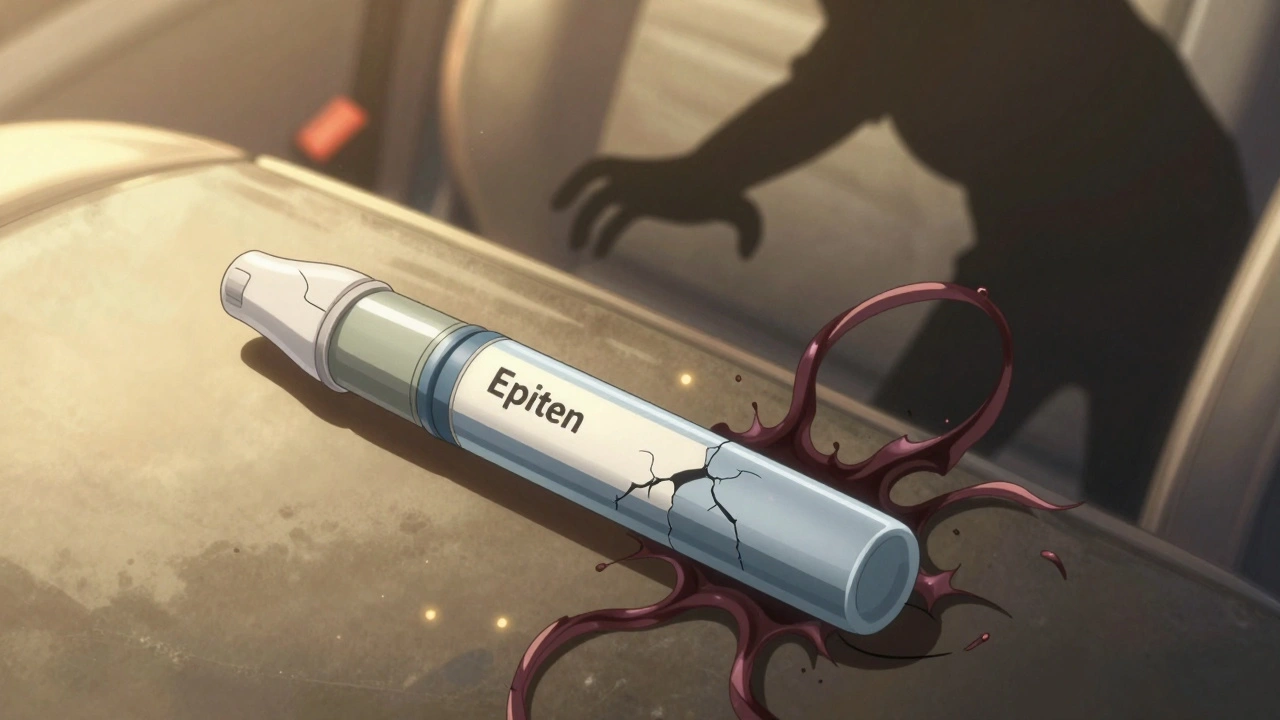 EpiPen on a sunlit car seat with dark energy tendrils symbolizing potency loss, dramatic lighting and motion blur.