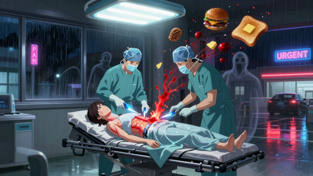 ER scene with patient in pain, glowing bile duct blockage, and surgeons rushing around her.