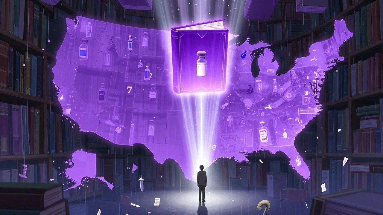 Floating state books with 47 glowing purple, centered by the Purple Book shining on medical treatments.