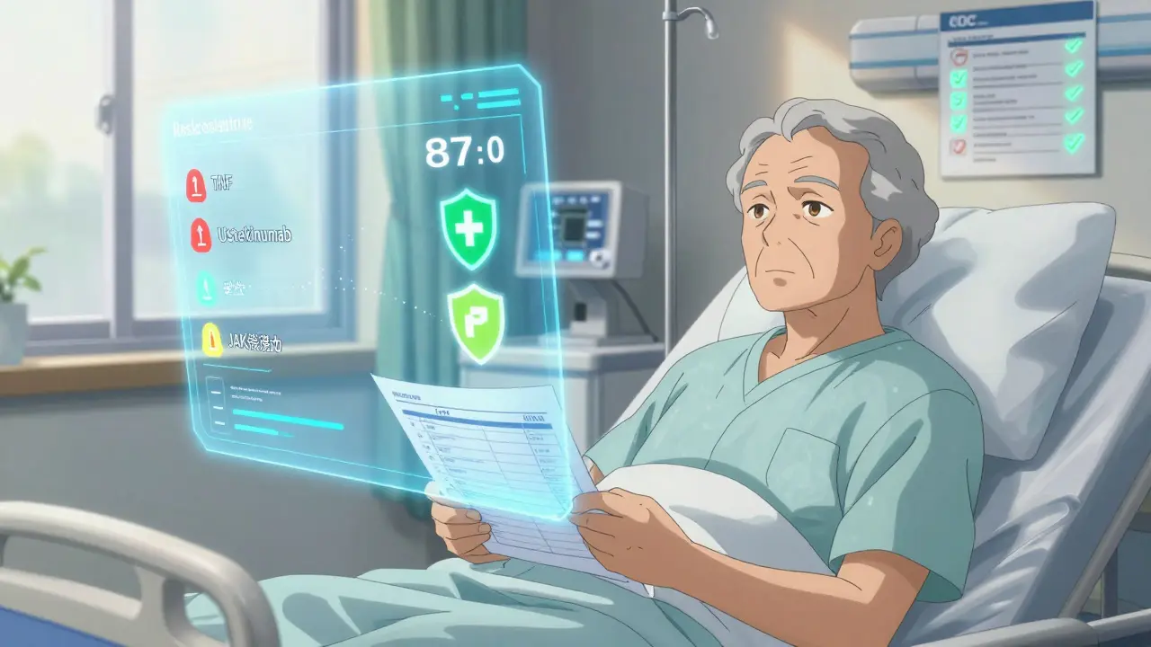 Futuristic AI risk assessment interface hovering over an elderly patient with glowing medical icons.