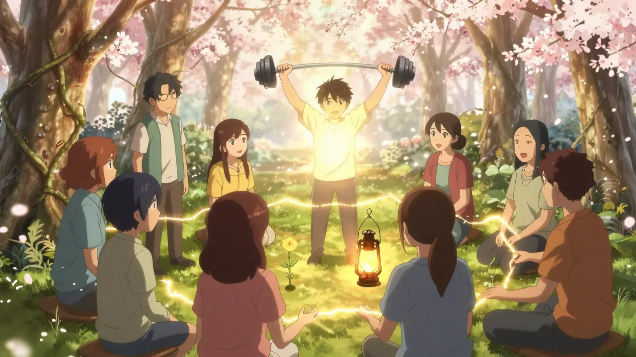 Group in therapy circle surrounded by symbolic growth, connected hands glowing, cherry blossoms falling as sign of renewal.