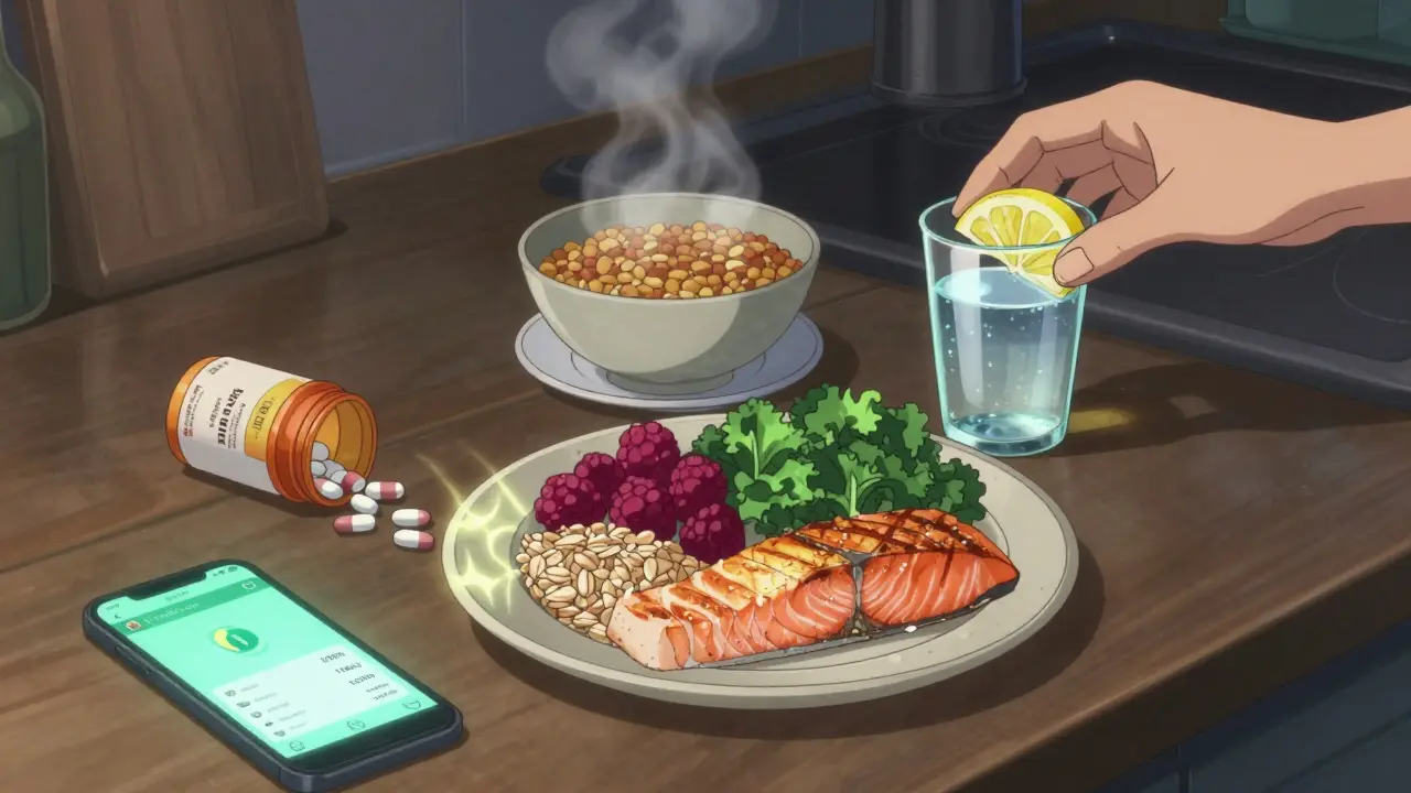 Healthy meal on counter beside pill bottle, lemon in water, food tracker showing reduced sodium.