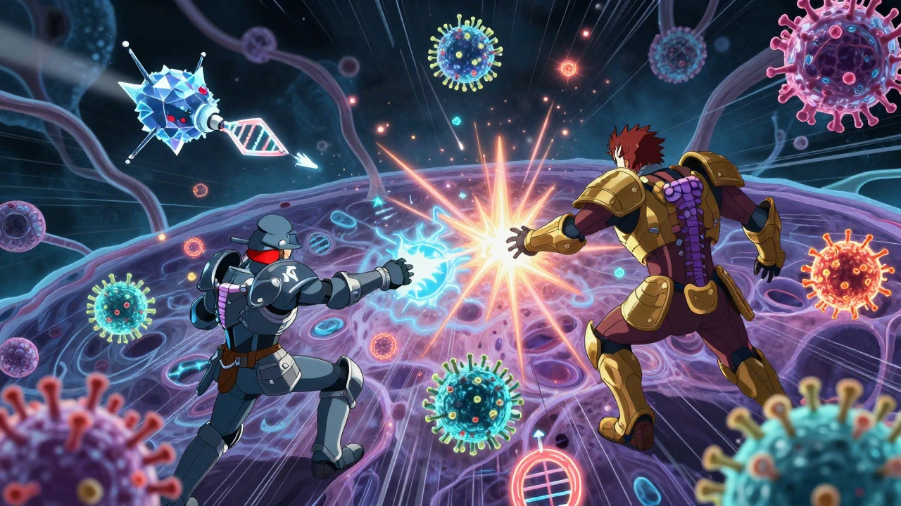 HSV-1 and HSV-2 warriors battling antiviral drones inside a nerve cell with glowing particle effects.