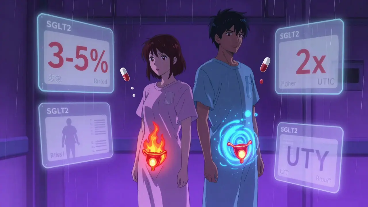 Man and woman with warning symbols above genital areas, medical data floating around them in a hospital setting.