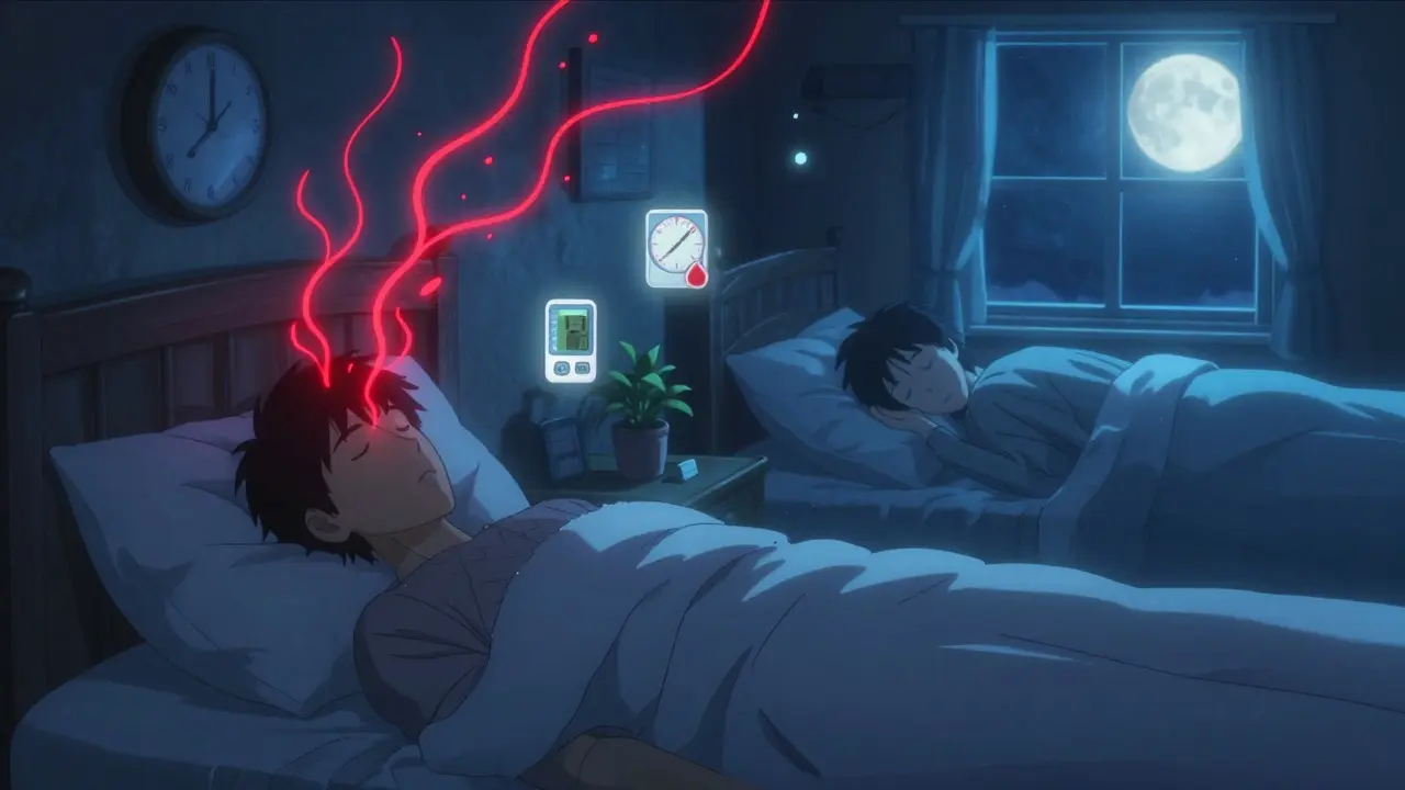 Man sleeping peacefully under moonlight, stress hormones fading, medical icons dimming in background.