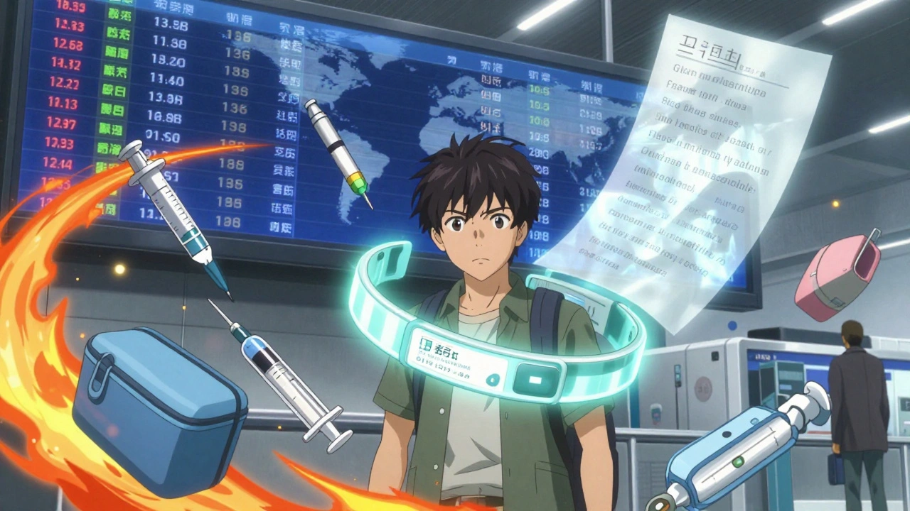 Medical ID bracelet glowing above airport with floating insulin supplies and dissolving doctor’s letter, digital flight board in background.