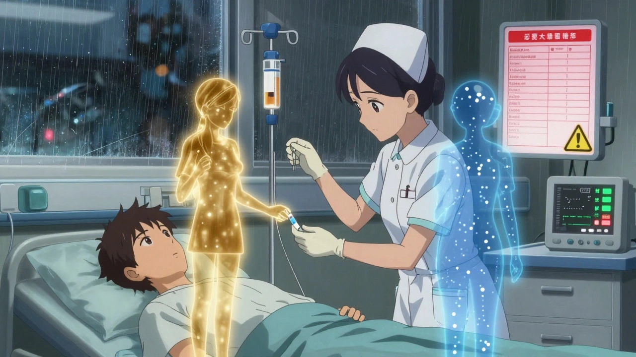 Nurse administering IV generic drug in ICU as conflicting absorption profiles glow beside a patient.