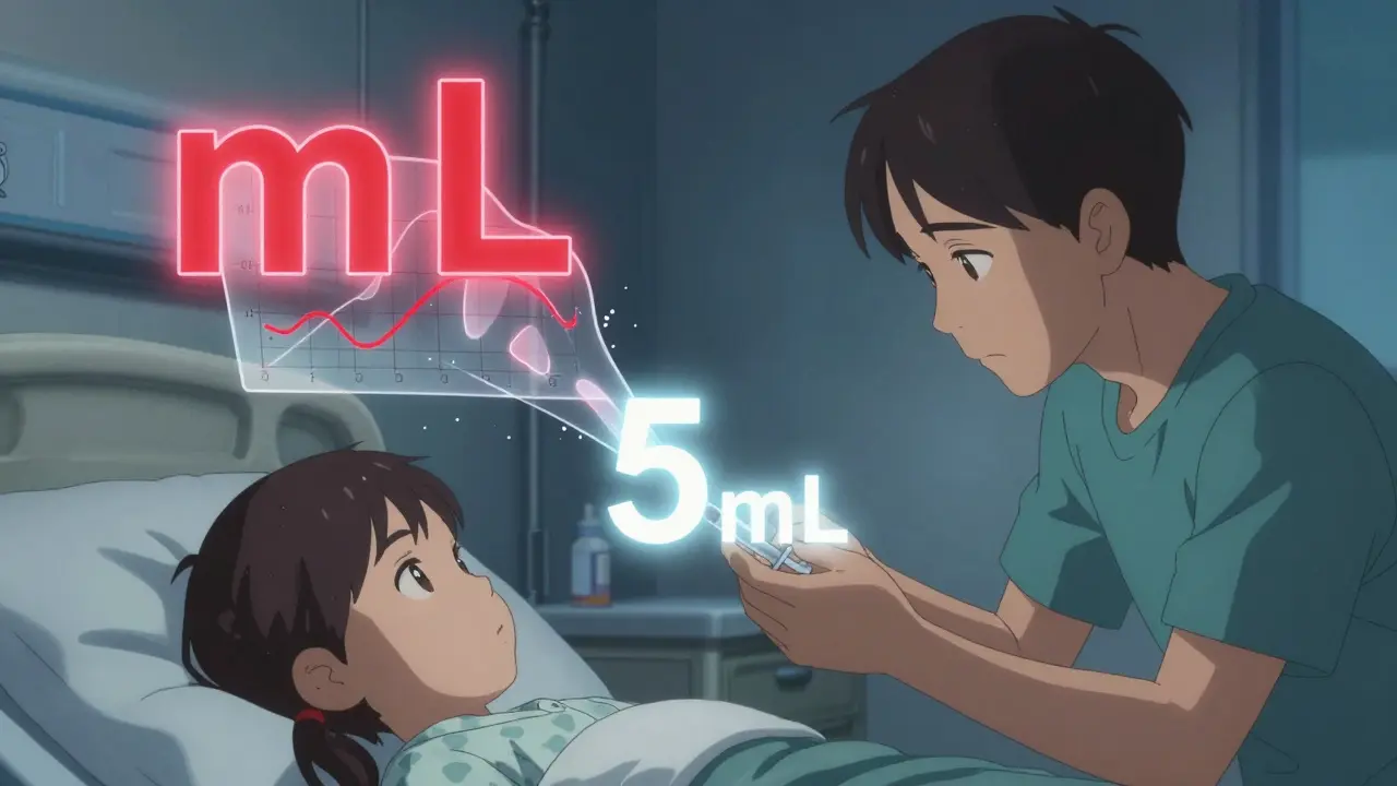 Parent measuring liquid medicine with a syringe, confusing charts dissolving into clear '5 mL' text.