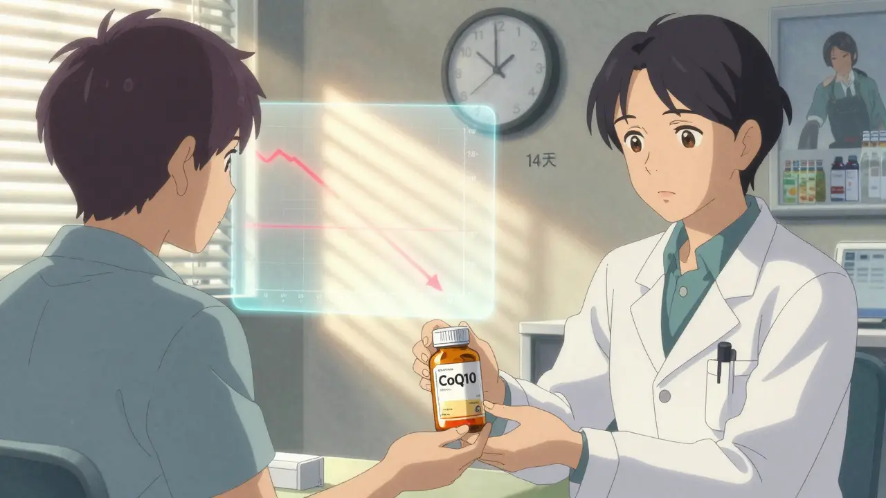 Patient and doctor in consultation, ubiquinol bottle in hand, blood pressure graph descending softly in background.