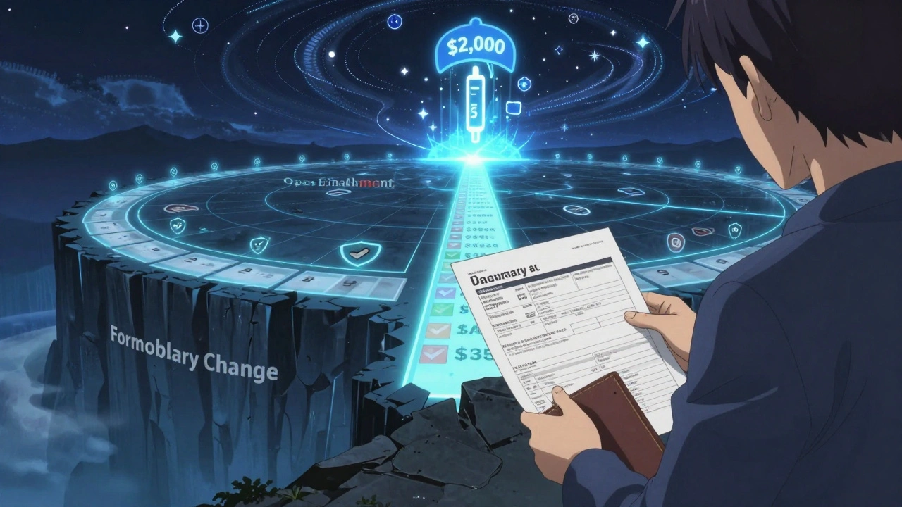 Patient standing before a digital calendar cliff labeled &#039;Formulary Change,&#039; with Open Enrollment path glowing ahead.