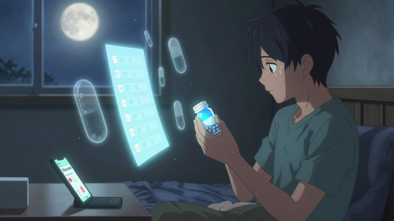 Patient staring at a changed pill at home, with ghostly overlays of the old pill and safety checklist glowing softly in moonlight.