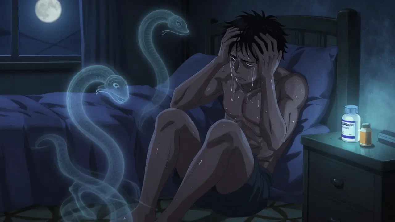 Person at night experiencing withdrawal, shadowy anxiety spirits swirling, medication bottles glowing with calm blue light.