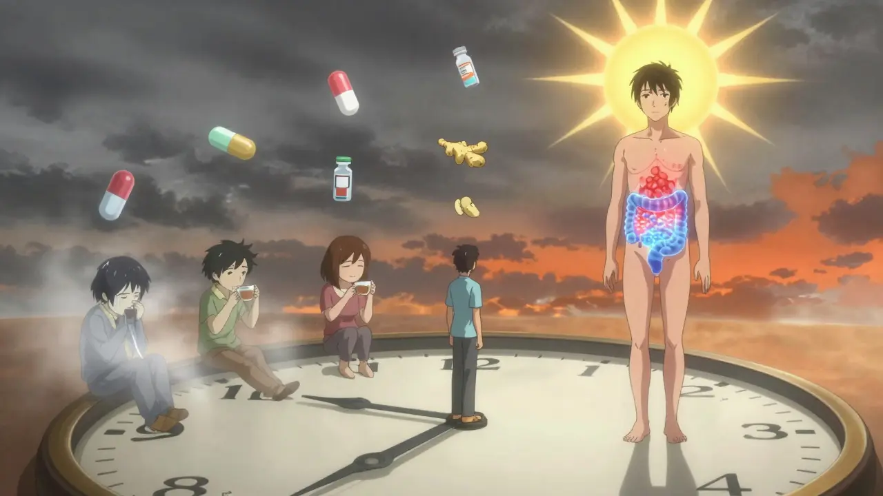 Person transforming over 24 hours from nausea to wellness, with glowing serotonin receptors and medical symbols.