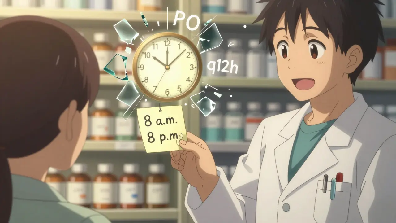 Pharmacist gives patient a sticky note with times and a clock pictogram, while jargon shatters into light.