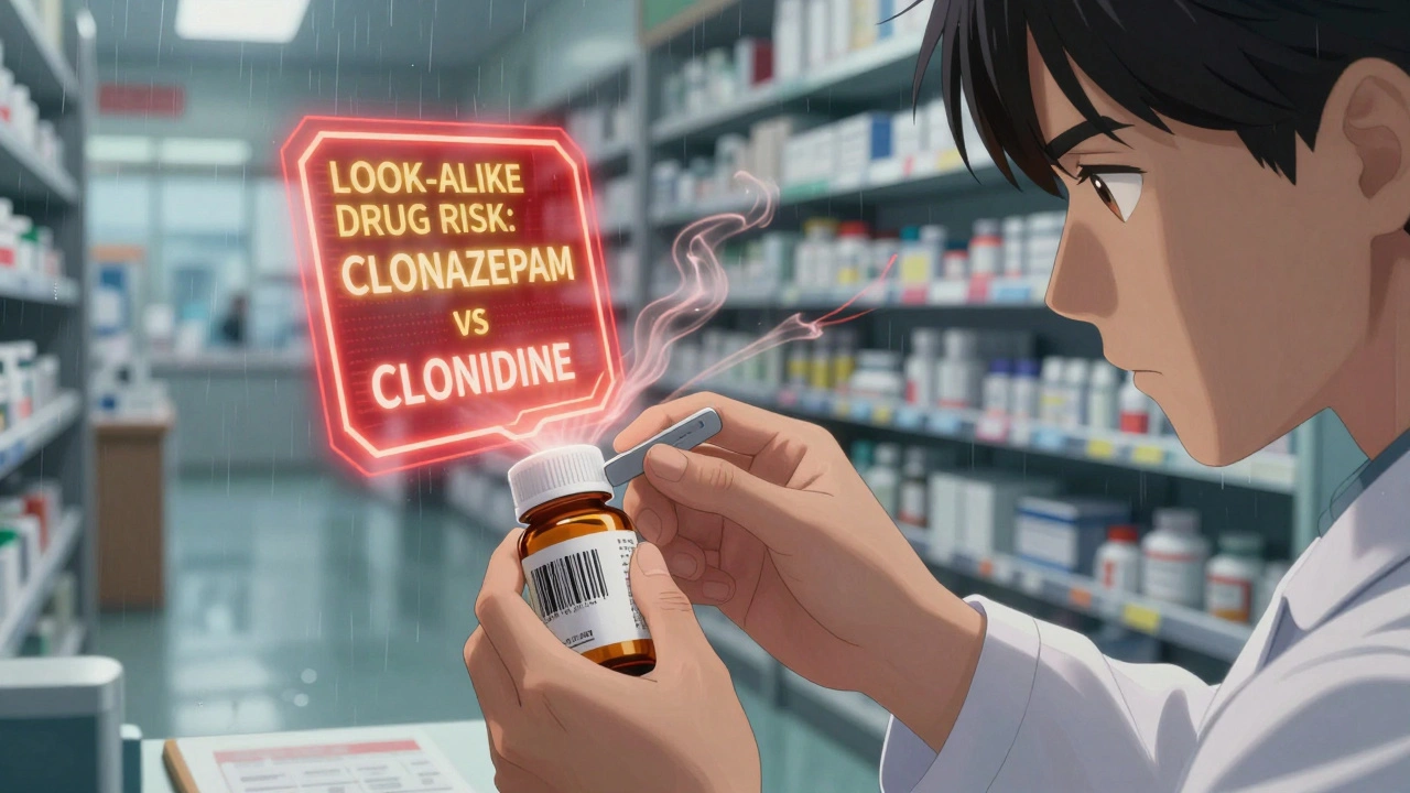 Pharmacist scanning a generic medication bottle with digital warnings floating in the air about look-alike drugs.