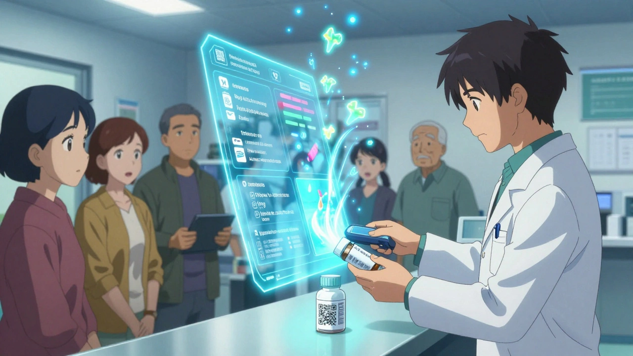 Pharmacist using a device to display live drug safety data as a hologram above a clinic counter.