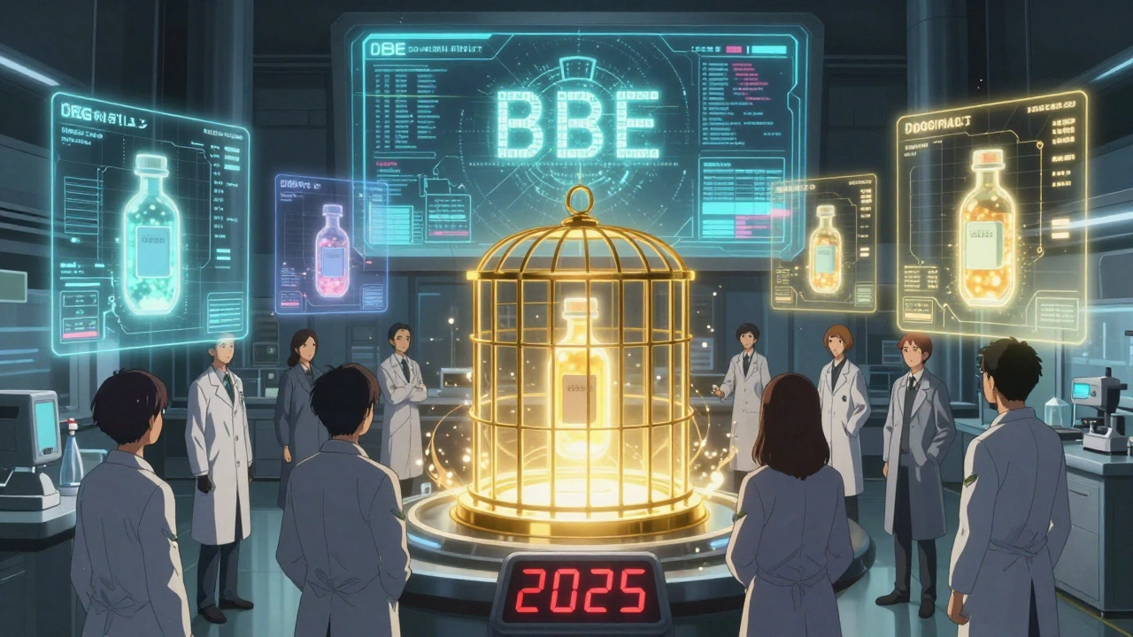 Scientists monitoring holograms of multiple drug batches with statistical variations in a high-tech lab, clock ticking to 2025.