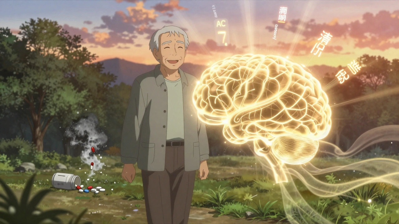 Senior walking in park with restored glowing brain pathways, discarded pills dissolving into ash as ACB score decreases.