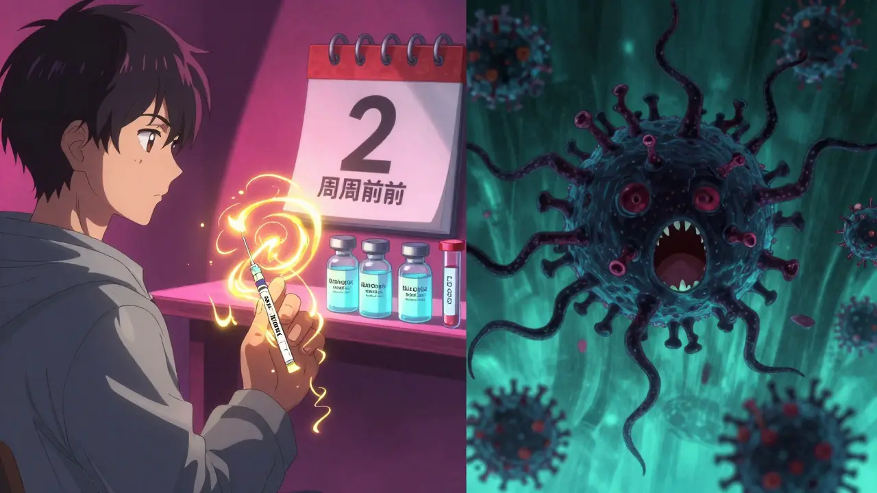 Shingrix vaccine injection with golden energy repelling a shadowy shingles virus in a split-panel scene.