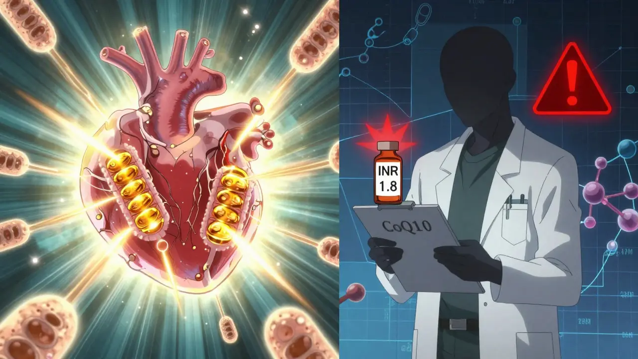 Split image of glowing heart with CoQ10 energy and warning symbol over warfarin bottle, clinical data floating in background.