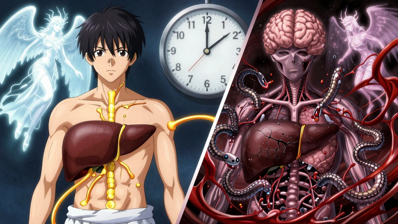 Split image of healthy vs. cirrhotic liver processing drugs, with toxic serpents and digital models representing medical advances.