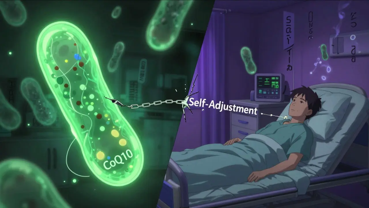 Split medical scene: healthy mitochondria on one side, hospitalized patient on the other, connected by a cracking chain.